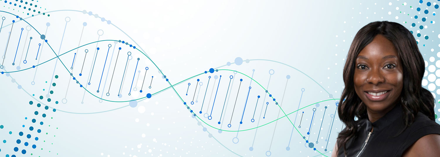 Photo of Dr. Adebamowa with DNA background