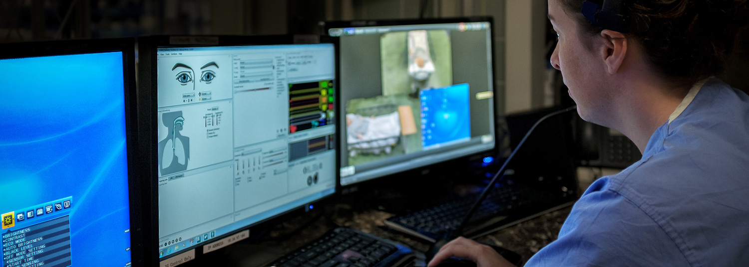 Faculty or staff working with three computer monitors