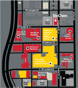 Map of the UMSOM campus with the Biochemistry building starred at 108 N Greene St