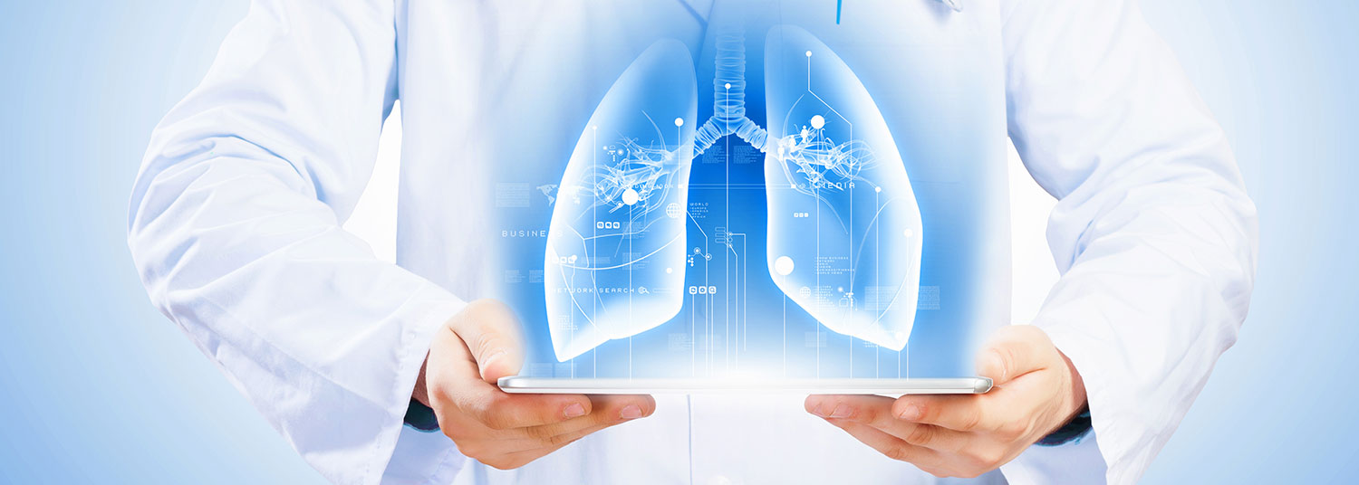 a graphic of a doctor holding illustrated lungs in their hands, in a caring but clinical way