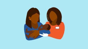 Mom with newborn getting support from doula or lactation consultant (illustration)