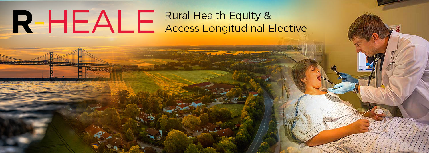 R-HEALE Banner - Arial view of countryside with a physician caring for a young child superimposed