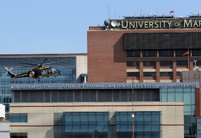 Helicopter lands at R Adams Cowley Shock Trauma Center at the University of Maryland